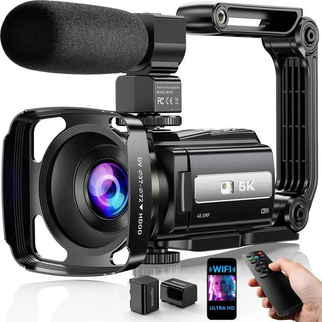Main image of Video Camera, 5K Camcorder UHD 48MP WiFi Vlogging Camera for YouTube IR Night Vision Anti-Shake 16X Digital Zoom 3 Touch Screen Camera with Microphone,Handheld Stabilizer,Lens Hood,Remote,2 Batteries