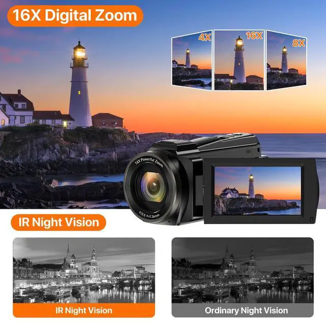 Alt view image 3 of 7 - Video Camera, 5K Camcorder UHD 48MP WiFi Vlogging Camera for YouTube IR Night Vision Anti-Shake 16X Digital Zoom 3 Touch Screen Camera with Microphone,Handheld Stabilizer,Lens Hood,Remote,2 Batteries