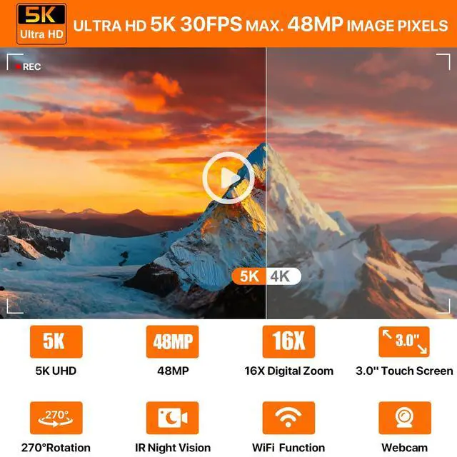 Alt view image 2 of 7 - Video Camera, 5K Camcorder UHD 48MP WiFi Vlogging Camera for YouTube IR Night Vision Anti-Shake 16X Digital Zoom 3 Touch Screen Camera with Microphone,Handheld Stabilizer,Lens Hood,Remote,2 Batteries