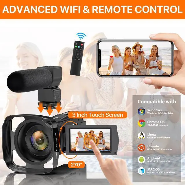 Alt view image 6 of 7 - Video Camera, 5K Camcorder UHD 48MP WiFi Vlogging Camera for YouTube IR Night Vision Anti-Shake 16X Digital Zoom 3 Touch Screen Camera with Microphone,Handheld Stabilizer,Lens Hood,Remote,2 Batteries