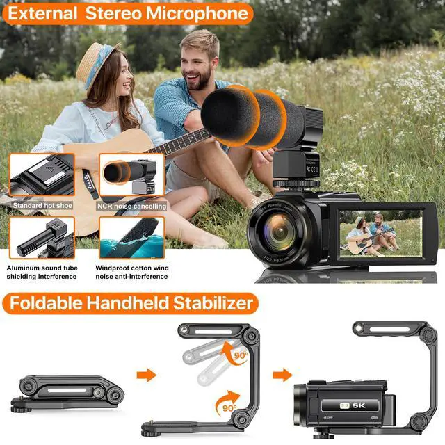 Alt view image 4 of 7 - Video Camera, 5K Camcorder UHD 48MP WiFi Vlogging Camera for YouTube IR Night Vision Anti-Shake 16X Digital Zoom 3 Touch Screen Camera with Microphone,Handheld Stabilizer,Lens Hood,Remote,2 Batteries