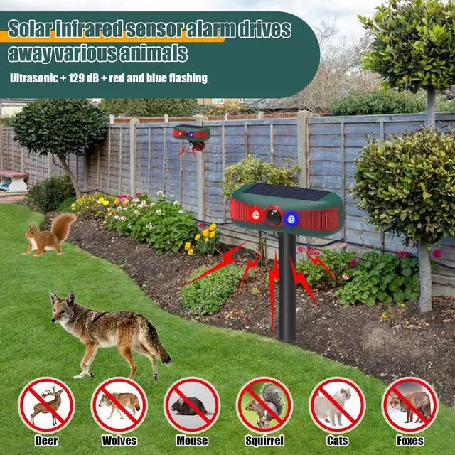Alt view image 4 of 7 - 2 Pcs Solar Outdoor Alarm Motion Sensor 129dB Security Siren Ultrasonic Detector Strobe Light, 4 Modes Animal Deterrent Waterproof Alarm for Home, Farm (Red)