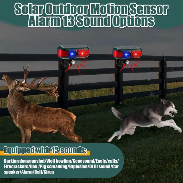 Alt view image 6 of 7 - 2 Pcs Solar Outdoor Alarm Motion Sensor 129dB Security Siren Ultrasonic Detector Strobe Light, 4 Modes Animal Deterrent Waterproof Alarm for Home, Farm (Red)