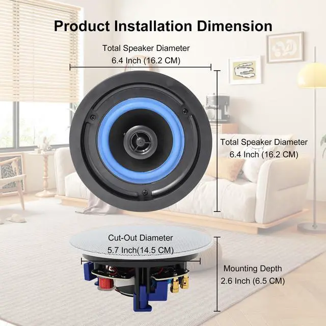 Alt view image 2 of 7 - 4 Inches Flush Mount 2 Way Full Range in Wall Bluetooth Ceiling Speakers,Great for Humid Indoor Outdoor Placement Bath, Kitchen,Bedroom,Covered Porches A Pair