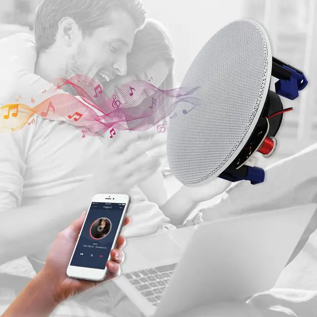 Alt view image 4 of 7 - 4 Inches Flush Mount 2 Way Full Range in Wall Bluetooth Ceiling Speakers,Great for Humid Indoor Outdoor Placement Bath, Kitchen,Bedroom,Covered Porches A Pair