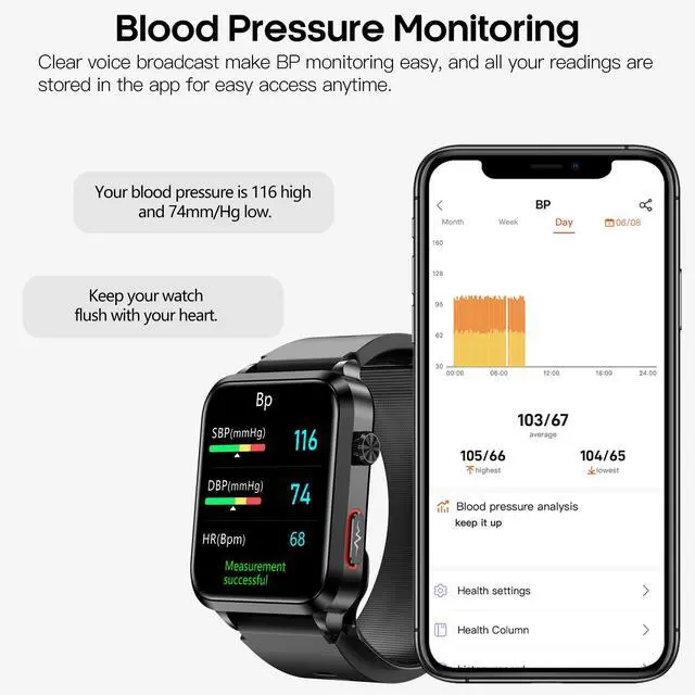 Alt view image 2 of 7 - Blood Pressure Smart Watch Air Bag Air Cuff, 24/7 Heart Rate Blood Oxygen Body Temperature Sleep Respiration Rate Health Monitor Activity Tracker Familiy Data Sharing (Black)