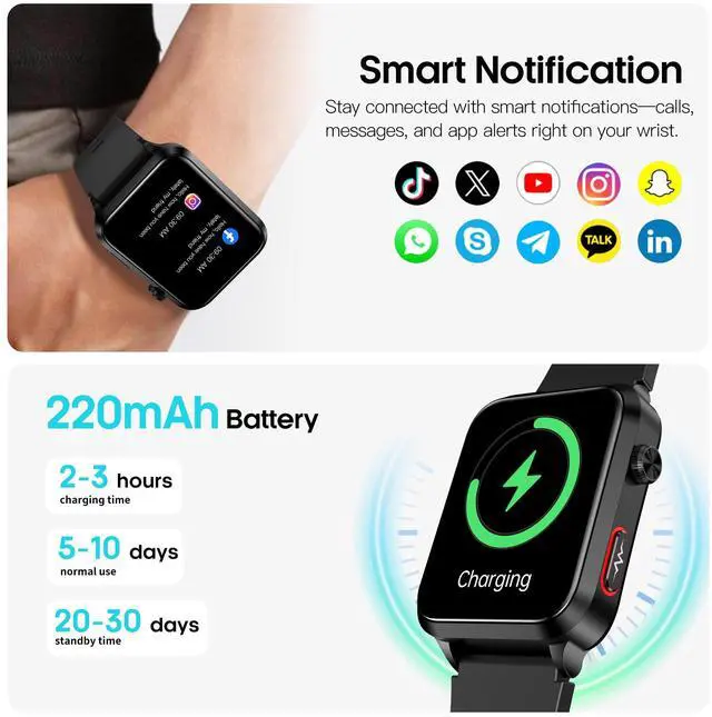 Alt view image 6 of 7 - Blood Pressure Smart Watch Air Bag Air Cuff, 24/7 Heart Rate Blood Oxygen Body Temperature Sleep Respiration Rate Health Monitor Activity Tracker Familiy Data Sharing (Black)
