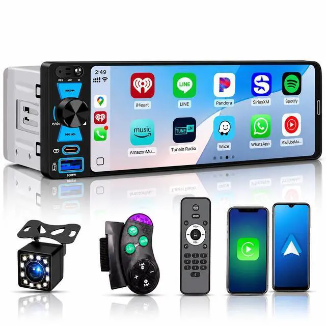 Main image of Single Din Car Stereo, 6.5 Inch in-Cell Touch Screen, Wireless Apple CarPlay Android Auto, Bluetooth 5.2, 180W Amplifier, Car Radio, Dual USB + Type-C, Backup Camera, Universal Fit for One Din Cars