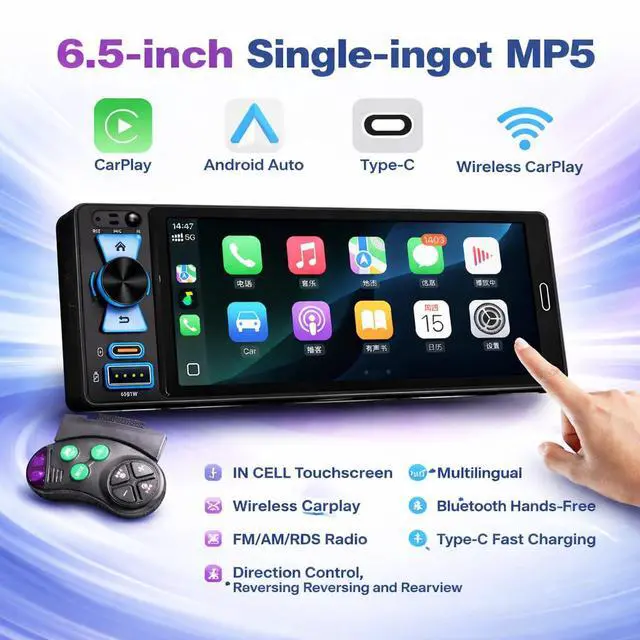 Alt view image 2 of 7 - Single Din Car Stereo, 6.5 Inch in-Cell Touch Screen, Wireless Apple CarPlay Android Auto, Bluetooth 5.2, 180W Amplifier, Car Radio, Dual USB + Type-C, Backup Camera, Universal Fit for One Din Cars