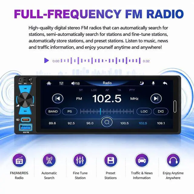 Alt view image 3 of 7 - Single Din Car Stereo, 6.5 Inch in-Cell Touch Screen, Wireless Apple CarPlay Android Auto, Bluetooth 5.2, 180W Amplifier, Car Radio, Dual USB + Type-C, Backup Camera, Universal Fit for One Din Cars