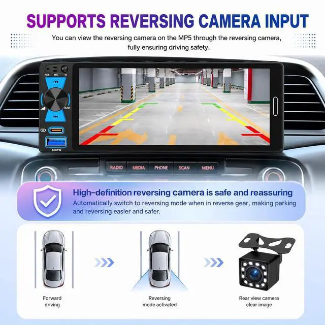 Alt view image 4 of 7 - Single Din Car Stereo, 6.5 Inch in-Cell Touch Screen, Wireless Apple CarPlay Android Auto, Bluetooth 5.2, 180W Amplifier, Car Radio, Dual USB + Type-C, Backup Camera, Universal Fit for One Din Cars
