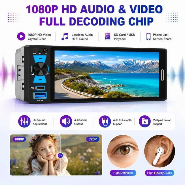 Alt view image 6 of 7 - Single Din Car Stereo, 6.5 Inch in-Cell Touch Screen, Wireless Apple CarPlay Android Auto, Bluetooth 5.2, 180W Amplifier, Car Radio, Dual USB + Type-C, Backup Camera, Universal Fit for One Din Cars