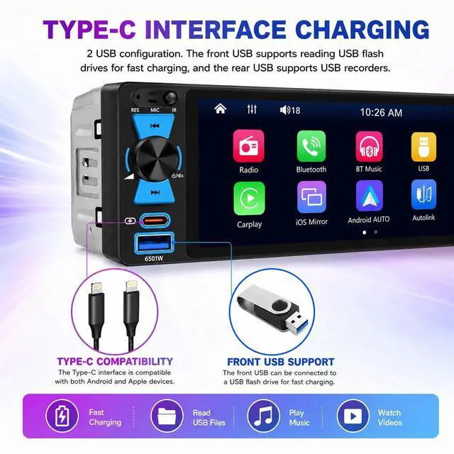 Alt view image 5 of 7 - Single Din Car Stereo, 6.5 Inch in-Cell Touch Screen, Wireless Apple CarPlay Android Auto, Bluetooth 5.2, 180W Amplifier, Car Radio, Dual USB + Type-C, Backup Camera, Universal Fit for One Din Cars