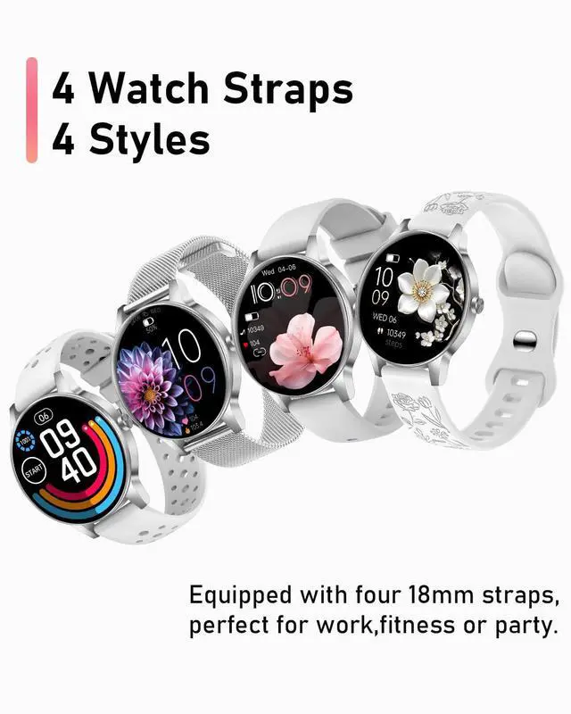 Alt view image 2 of 7 - Smart Watches for Women, 1.27'' TFT Fitness Watch With Bluetooth Answer/Make Call,24H Heart Rate/SpO2/Sleep Monitor/Menstrual Cycle/120+ Sports Fitness Tracker for iPhone Android iOS(4 Straps,Silver)