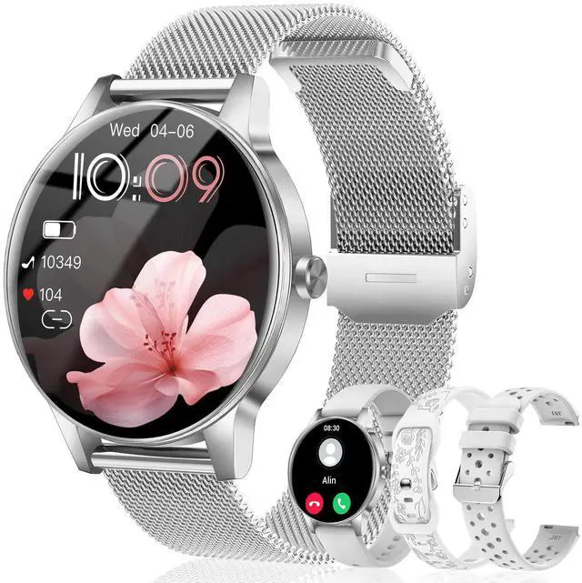 Main image of Smart Watches for Women, 1.27'' TFT Fitness Watch With Bluetooth Answer/Make Call,24H Heart Rate/SpO2/Sleep Monitor/Menstrual Cycle/120+ Sports Fitness Tracker for iPhone Android iOS(4 Straps,Silver)