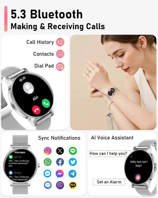 Alt view image 3 of 7 - Smart Watches for Women, 1.27'' TFT Fitness Watch With Bluetooth Answer/Make Call,24H Heart Rate/SpO2/Sleep Monitor/Menstrual Cycle/120+ Sports Fitness Tracker for iPhone Android iOS(4 Straps,Silver)