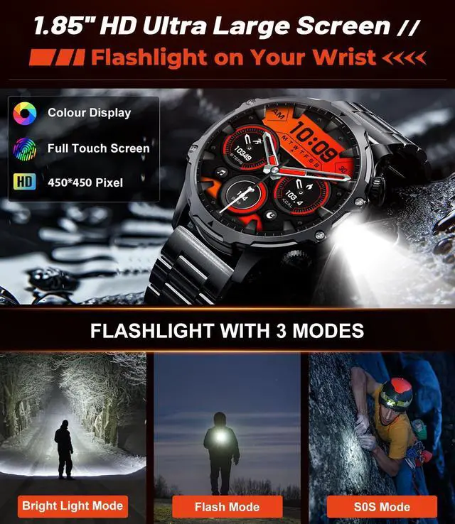 Alt view image 3 of 7 - Military Smart Watch for Men, 1.85'' HD Large Screen Smartwatch, 800mAh/LED Flashlight/IP68 Waterproof/Pedometer/100+ Sports Fitness Tracker, Mens Smart Watches for Android iOS, Black
