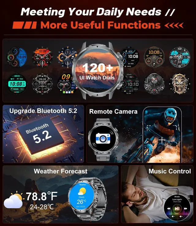 Alt view image 7 of 7 - Military Smart Watch for Men, 1.85'' HD Large Screen Smartwatch, 800mAh/LED Flashlight/IP68 Waterproof/Pedometer/100+ Sports Fitness Tracker, Mens Smart Watches for Android iOS, Black