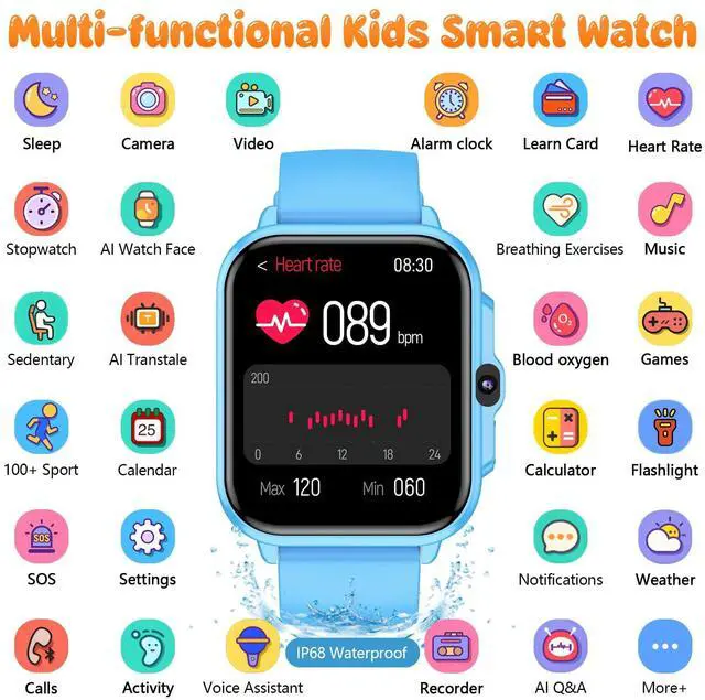 Alt view image 2 of 7 - Kids Smart Watch Boys and Girls, Smartwatch with Alarm Clock, Camera, Games, Music, SOS, 24/7 Health Monitor, 100+ Sports Modes, IP68 Waterproof, Children Watches Birthday Gift for Kid Ages 4-12