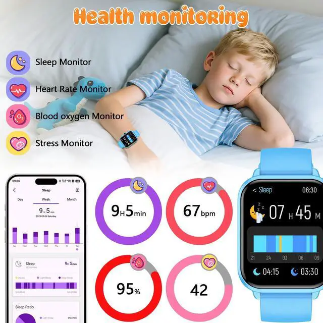 Alt view image 5 of 7 - Kids Smart Watch Boys and Girls, Smartwatch with Alarm Clock, Camera, Games, Music, SOS, 24/7 Health Monitor, 100+ Sports Modes, IP68 Waterproof, Children Watches Birthday Gift for Kid Ages 4-12