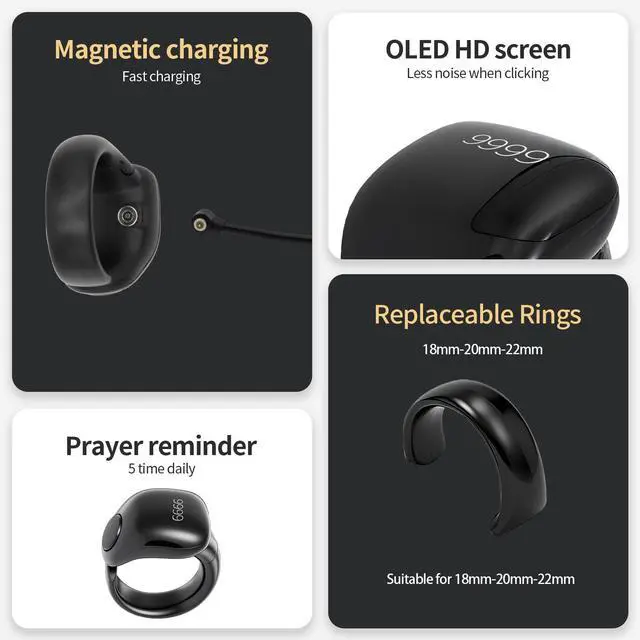 Alt view image 2 of 7 - Tasbeeh Counter, Tasbih Counter, Zikr Smart Ring, Adjustable Finger Ring Counter, Dhikr Counter, Prayer Direction Indicator, 5 Azan Alarm Clock, APP Support, Eid al-Fitr Gifts for Muslims
