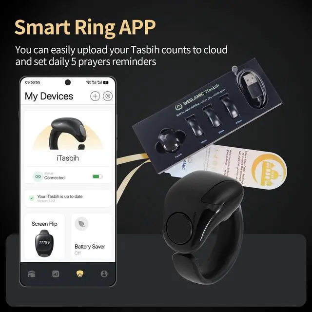 Alt view image 3 of 7 - Tasbeeh Counter, Tasbih Counter, Zikr Smart Ring, Adjustable Finger Ring Counter, Dhikr Counter, Prayer Direction Indicator, 5 Azan Alarm Clock, APP Support, Eid al-Fitr Gifts for Muslims