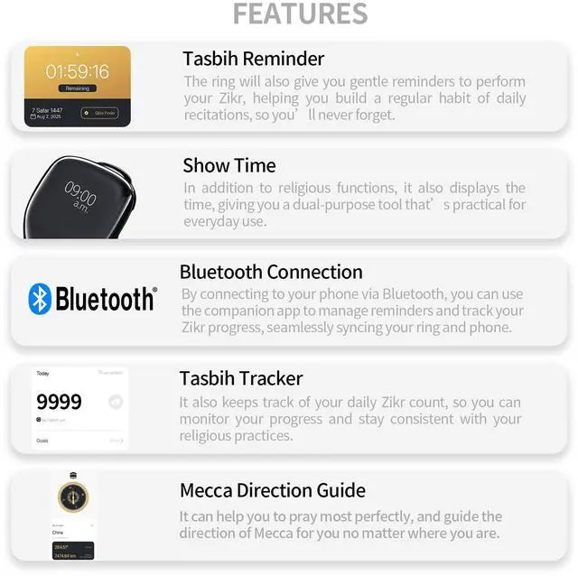 Alt view image 4 of 7 - Tasbeeh Counter, Tasbih Counter, Zikr Smart Ring, Adjustable Finger Ring Counter, Dhikr Counter, Prayer Direction Indicator, 5 Azan Alarm Clock, APP Support, Eid al-Fitr Gifts for Muslims