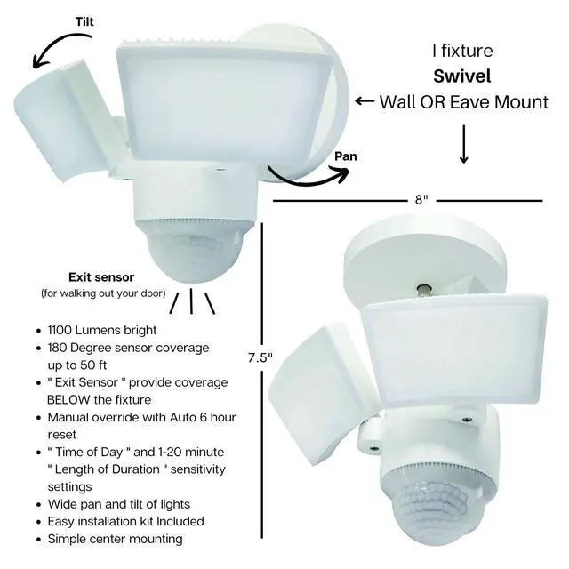 Alt view image 2 of 7 - LED Outdoor Motion Sensor Security Floodlight 1100 Lumens, 180° Detection, Weatherproof Design, Versatile Eave or Wall Mounting, Exit Detection, Rotatable Sensor