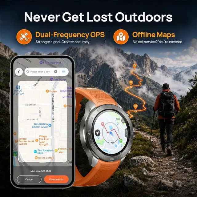 Alt view image 2 of 7 - GS Explorer S Titanium Outdoor Adventure Smartwatch for Men, Dual-Band GPS with Offline Maps, Military-Grade, 20-Day Battery, 10 ATM Waterproof for Freediving, 150+ Sports Modes (Silicone Strap)