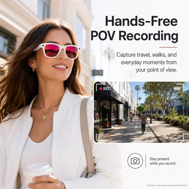 Alt view image 2 of 7 - Smart Glasses with Camera for Travel & POV Video, White | Hands-free POV camera glasses for travel, cycling and daily moments, with Bluetooth audio, calls, translation and WiFi