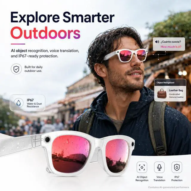 Alt view image 5 of 7 - Smart Glasses with Camera for Travel & POV Video, White | Hands-free POV camera glasses for travel, cycling and daily moments, with Bluetooth audio, calls, translation and WiFi