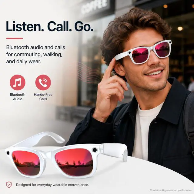Alt view image 7 of 7 - Smart Glasses with Camera for Travel & POV Video, White | Hands-free POV camera glasses for travel, cycling and daily moments, with Bluetooth audio, calls, translation and WiFi