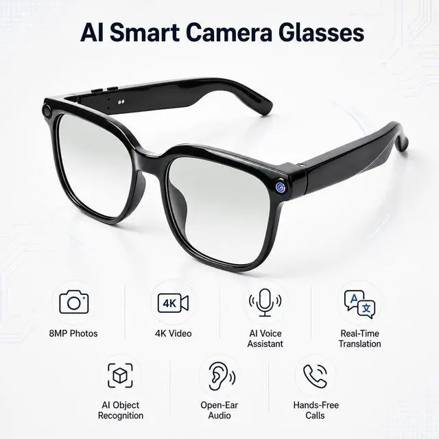 Alt view image 2 of 7 - 4K Camera AI Smart Glasses for Men Women, Bluetooth Video Audio Sunglasses,Video&Photo Recording Glasses AI Assistant,Wearable Eyeglasses for Vlogging, Travel, Business