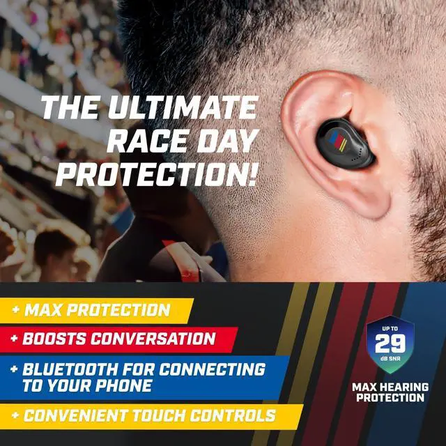Alt view image 2 of 6 - XCOR PRO NASCAR Wireless Bluetooth Earbuds, HearPRO Hearing Protection | Touch Control, Dust & Water Resistant, Wind Resistant, True Wireless Earbuds For Hearing Protection