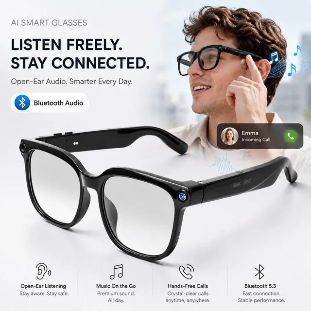 Alt view image 7 of 7 - 4K Camera AI Smart Glasses for Men Women, Bluetooth Video Audio Sunglasses,Video&Photo Recording Glasses AI Assistant,Wearable Eyeglasses for Vlogging, Travel, Business