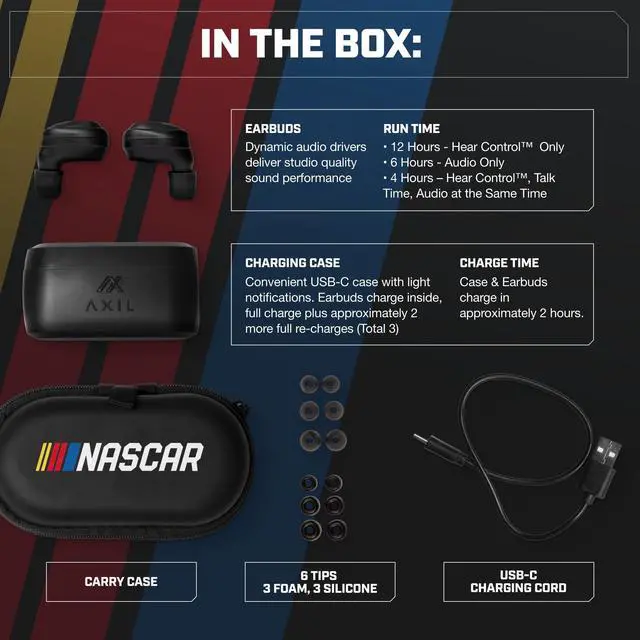 Alt view image 6 of 6 - XCOR PRO NASCAR Wireless Bluetooth Earbuds, HearPRO Hearing Protection | Touch Control, Dust & Water Resistant, Wind Resistant, True Wireless Earbuds For Hearing Protection