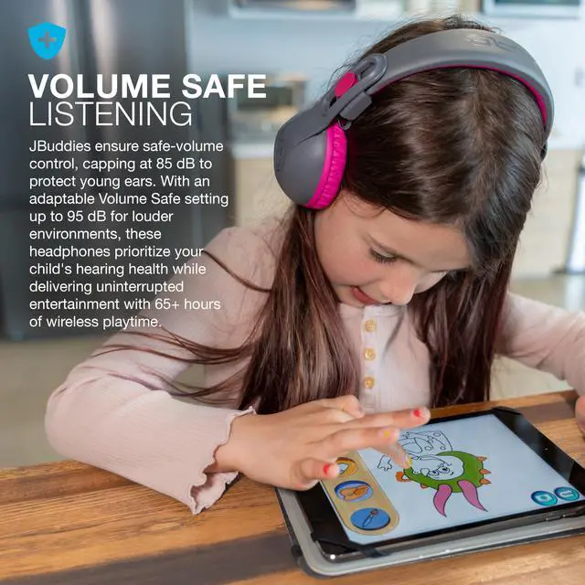 Alt view image 2 of 7 - JBuddies Studio 2, Kids Headphones, Wireless Bluetooth On Ear, Volume Limiting, Foldable, Grey/Pink