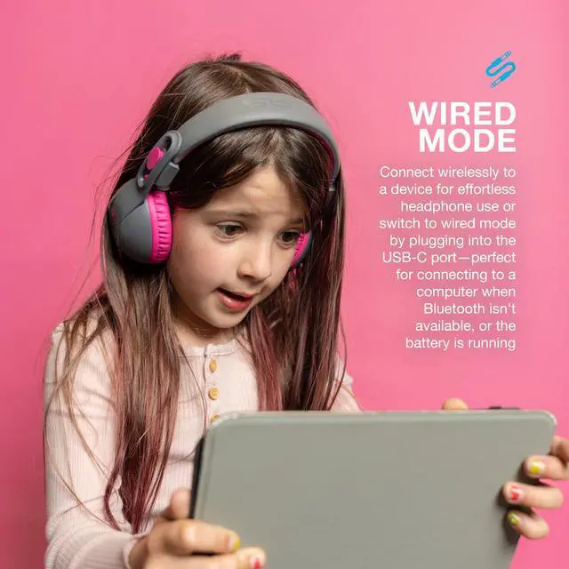 Alt view image 4 of 7 - JBuddies Studio 2, Kids Headphones, Wireless Bluetooth On Ear, Volume Limiting, Foldable, Grey/Pink