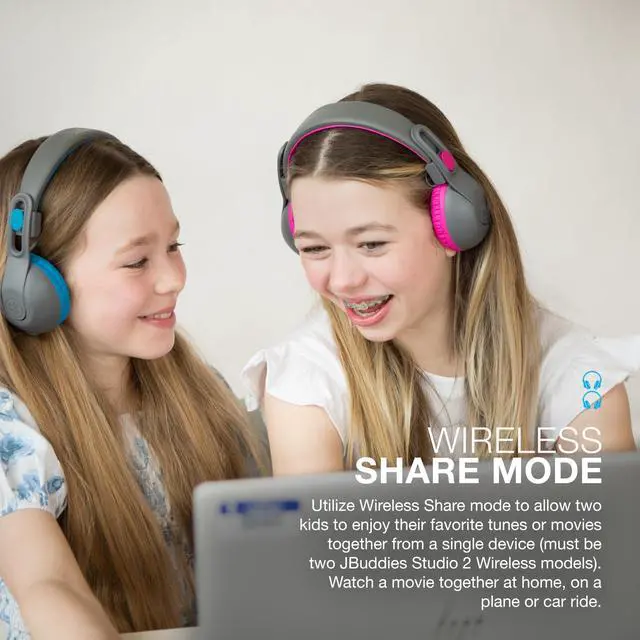 Alt view image 5 of 7 - JBuddies Studio 2, Kids Headphones, Wireless Bluetooth On Ear, Volume Limiting, Foldable, Grey/Pink