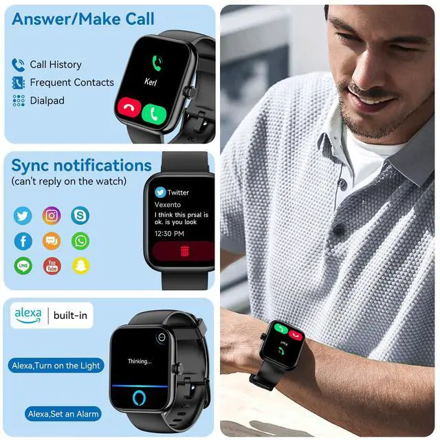 Alt view image 3 of 7 - Smart Watch with Alexa Built-in 2026 Fitness Tracker 1.83" HD Bluetooth Calls and Notifications Heart Rate Sleep Monitor Fitness Watch IP68 Waterproof with 120+ Sport Modes for iPhone Android (Black)