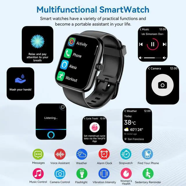 Alt view image 6 of 7 - Smart Watch with Alexa Built-in 2026 Fitness Tracker 1.83" HD Bluetooth Calls and Notifications Heart Rate Sleep Monitor Fitness Watch IP68 Waterproof with 120+ Sport Modes for iPhone Android (Black)
