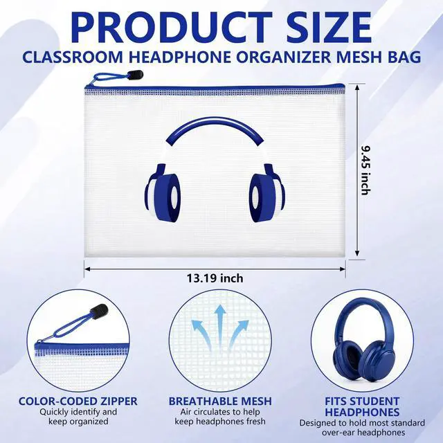 Alt view image 2 of 7 - 32 Pack Classroom Headphone Bags Headphone Storage 13.2 x 9.45 Inch Clear Mesh Zipper Pouch Bags Colorful Organizer Holder for Classroom Library Back to School Organization