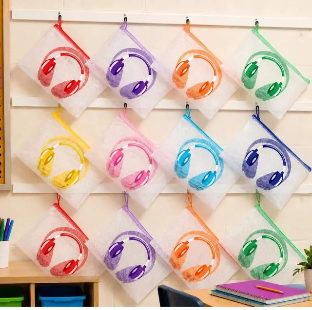 Main image of 32 Pack Classroom Headphone Bags Headphone Storage 13.2 x 9.45 Inch Clear Mesh Zipper Pouch Bags Colorful Organizer Holder for Classroom Library Back to School Organization