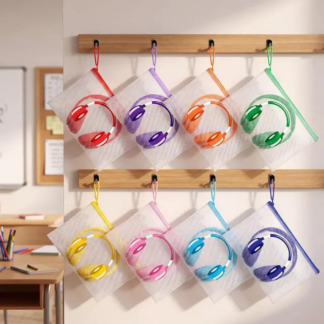 Alt view image 4 of 7 - 32 Pack Classroom Headphone Bags Headphone Storage 13.2 x 9.45 Inch Clear Mesh Zipper Pouch Bags Colorful Organizer Holder for Classroom Library Back to School Organization