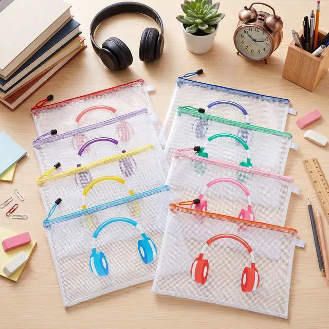 Alt view image 3 of 7 - 32 Pack Classroom Headphone Bags Headphone Storage 13.2 x 9.45 Inch Clear Mesh Zipper Pouch Bags Colorful Organizer Holder for Classroom Library Back to School Organization