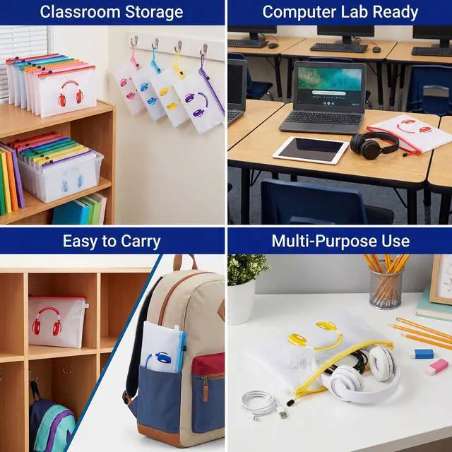 Alt view image 6 of 7 - 32 Pack Classroom Headphone Bags Headphone Storage 13.2 x 9.45 Inch Clear Mesh Zipper Pouch Bags Colorful Organizer Holder for Classroom Library Back to School Organization