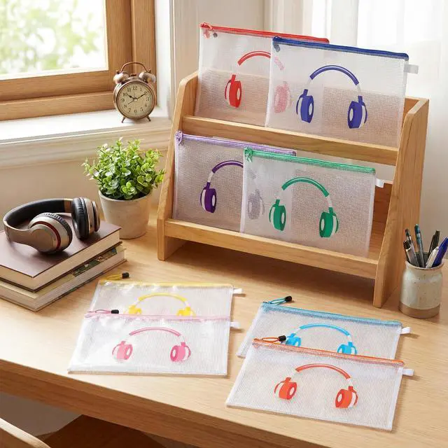 Alt view image 7 of 7 - 32 Pack Classroom Headphone Bags Headphone Storage 13.2 x 9.45 Inch Clear Mesh Zipper Pouch Bags Colorful Organizer Holder for Classroom Library Back to School Organization