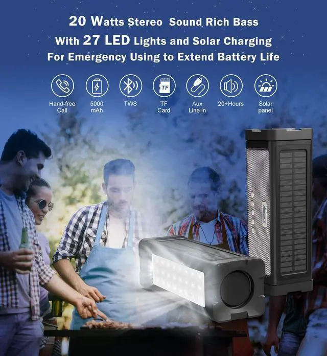 Alt view image 2 of 7 - Solar Bluetooth Speaker,IPX7 Waterproof Portable 20W Rich Bass,with 27 LED Lights, 5000mAh Battery,Mic,TF Card,for Outdoor Shower Home-Black