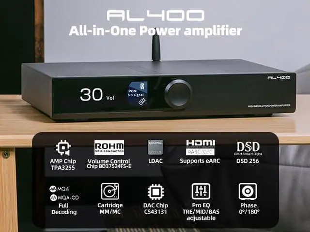 Alt view image 3 of 7 - SMSL AL400 DAC,Power Amplifier,Phono Power Amp,TPA3255 Amp CS43131 Chip,4-Stage Low-Pass/5 Filter Modes Compatible with MM/MC Phono Cartridges Full MQA DAC Support DSD Professional EQ/eARC(Black)