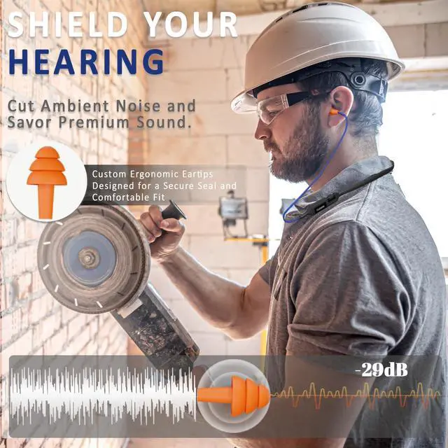 Alt view image 2 of 7 - Bluetooth Earplug Headphones for Work, Neckband Wireless Ear Plugs Earbuds, 29 dB Noise Reduction Ear Protection with Replacement Ear Tips, 30 Hour Battery, OSHA Compliant for Industrial Safety
